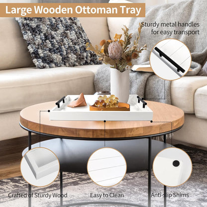 Coffee Table Tray - Large Ottoman Tray for Living Room - Wood Serving Tray with Handles(2 Sets) - Wooden Tray for Coffee Table, 4 Round Coasters Included, White