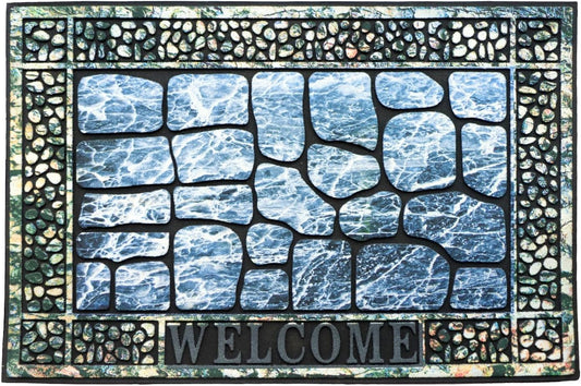 Door Mat Welcome Mat, Heavy Duty Door Mat 17.7 x 29.5 Inch Front Door Mat Rug Doormat for Outdoor Entrance Home Non-Slip Rubber Rug for Front Door, Outside, Entryway, Patio (Blue Welcome)
