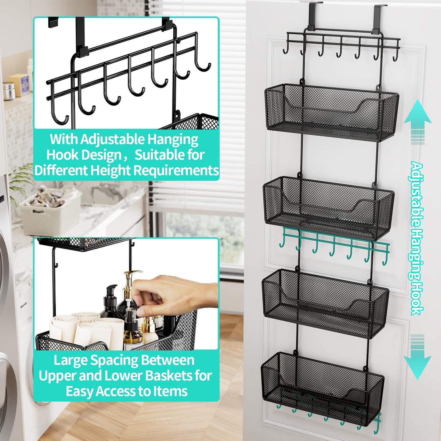 HapiRm Over The Door Organizer - Hanging Door Organizer with 4 Metal Large Capacity Baskets and Adjustable Coat Hook for Bathroom Bedroom Kitchen Pantry Closet Cabinet
