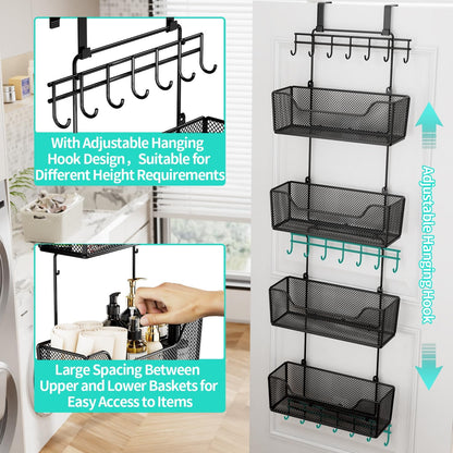 HapiRm Over The Door Organizer - Hanging Door Organizer with 4 Metal Large Capacity Baskets and Adjustable Coat Hook for Bathroom Bedroom Kitchen Pantry Closet Cabinet