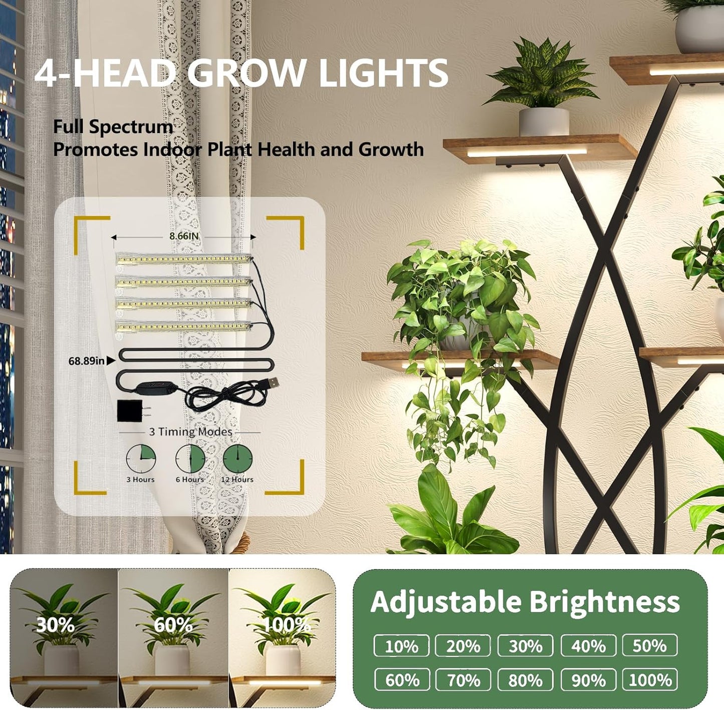 Plant Stand Indoor with Grow Lights - 9 Tiered 66" Tall Metal Plant Shelf, Curved Plant Stand with Adjustable Feets for Multiple Plants, Corner Flower Shelf for Living Room, Patio