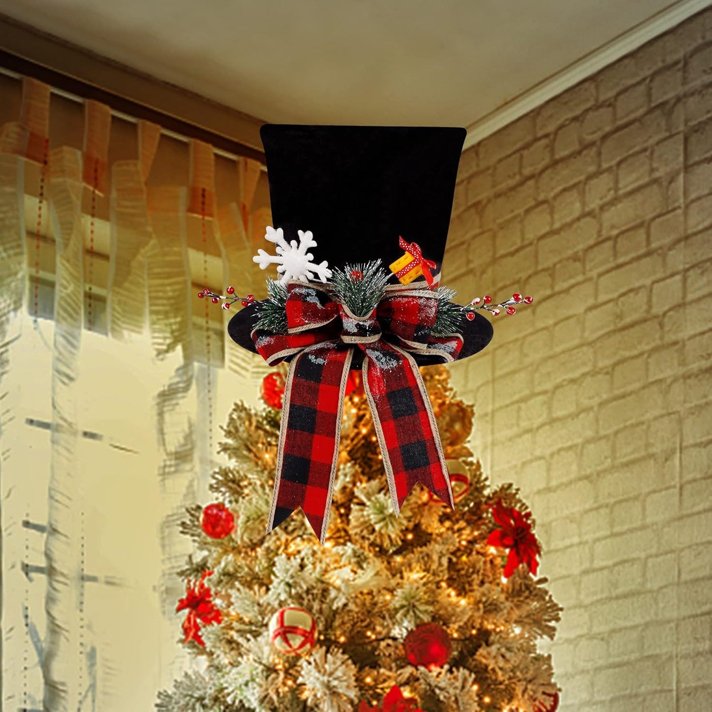 yofit Christmas Tree Topper Hat, Black Velvet Hat with Red Buffalo Plaid Bow Red Berry Snowflake, Christmas Tree Decorations Top Hat, Desktop Ornaments for Home Holiday Winter Decor