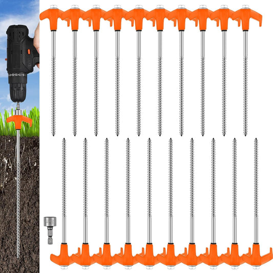 Hicarer 20 Pcs 20 Pcs 8'' Screw in Tent Stakes Heavy Duty Ground Metal Stakes for Inflatables with Hex Head Driver for Outdoor Camping Tent Inflatable Garden Decor (Orange)