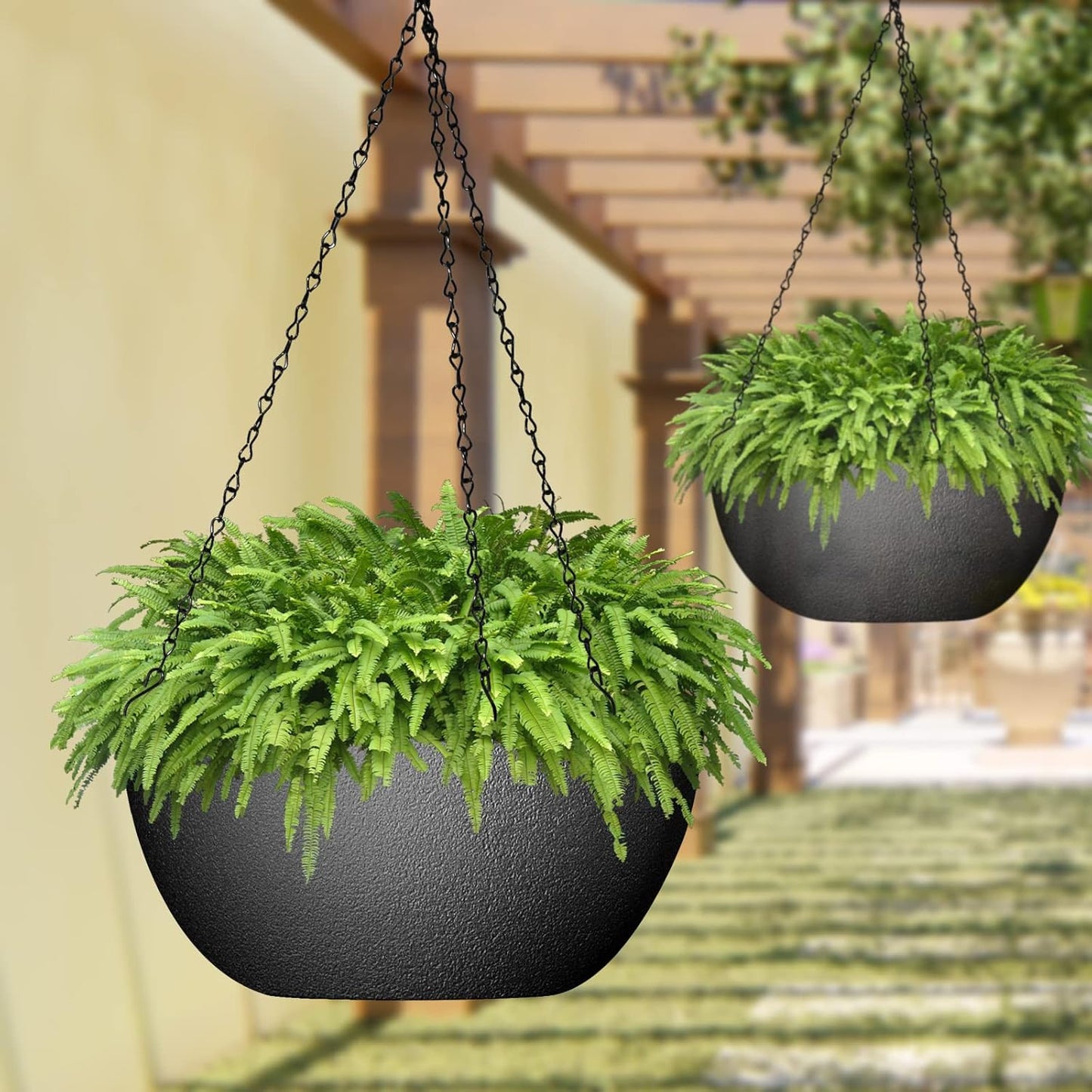 WOUSIWER 13 inch 2Pack Large Hanging Planters for Outdoor Indoor Plants with Drainage Holes and Chain, Round Hanging Flower Pots for Garden Home Porch Decor, Black