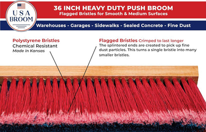 USA Broom 36" Everyday Sweep Indoor/Outdoor Push Broom with 60" Handle. Ideal for Garages & Shops. Durable American Made Steel Brackets-All Stainless Steel Hardware. No Plastic. 100% Made in The USA.