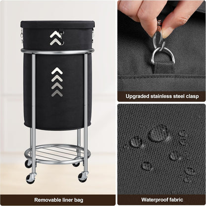 ELYKEN Laundry Hamper with Wheels, 110L Rolling Laundry Basket, Round Laundry Cart with Steel Frame and Removable Bag, 4 Casters and 2 Brakes, Dirty Clothes Hamper for Hotel, Home, Closet, Dorm, Black