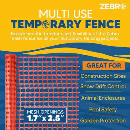 ZEBRO 4' x 100' Orange Plastic Garden Fence Roll – Standard Duty Safety Netting for Snow, Poultry, Deer, Dogs – Reusable Outdoor Barrier for Yard, Landscaping, Animal Protection