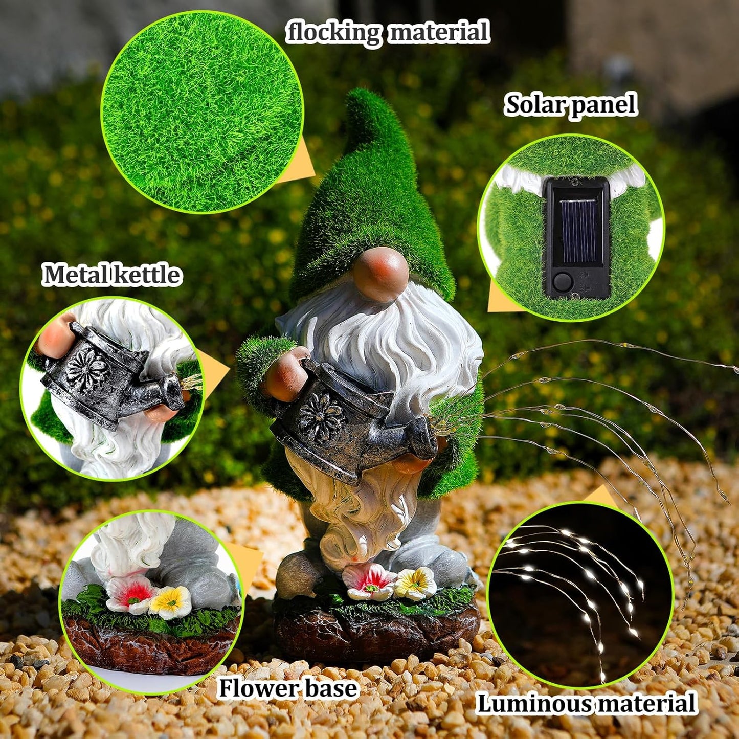 Flocked Solar Garden Gnomes Outdoor Statues-11.8‘’Outdoor Garden Decor-LED Outdoor Decor Light-Unique Housewarming Gifts Yard Art Sculptures for Patio Lawn Ornaments