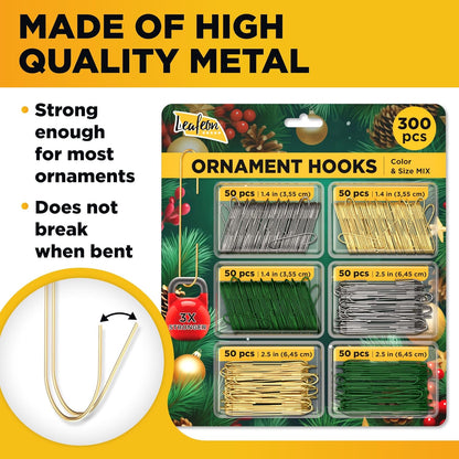 Leafeon 300 Pack Christmas Ornament Hooks - Gold Green Silver Ornament Hanger for Christmas - Essential Hooks for Ornament Hangers