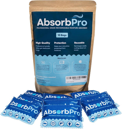 Rechargeable Dehumidifier Bag 10-Pack - 100g Reusable Moisture Absorbers - Silica Gel Packets for Bins, Totes, Gun Safe, Food Storage, Clothes, Cars, and Boats