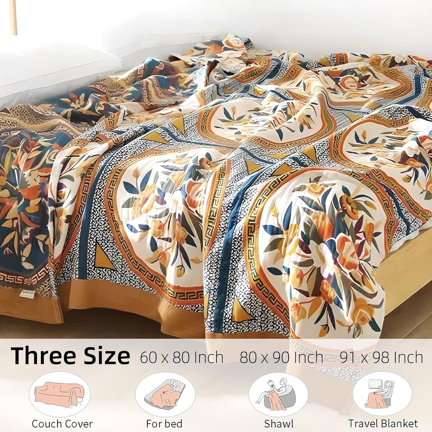 Boho Throw Blanket for Bed - 100% Pure Cotton Ultra Soft Rustic Quilt - Farmhouse Decor Bed Blankets, All Season Rustic Throw for Sofa Couch Chair(60"×80", Floral)