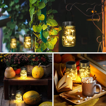 GIGALUMI Hanging Mason Jar Solar Lights, 6 Pack 30 Led Hanging Solar Lanterns Outdoor Waterproof, Hangers and Jars Included, Outdoor Decor for Balcony, Garden, Patio, Yard, Wedding