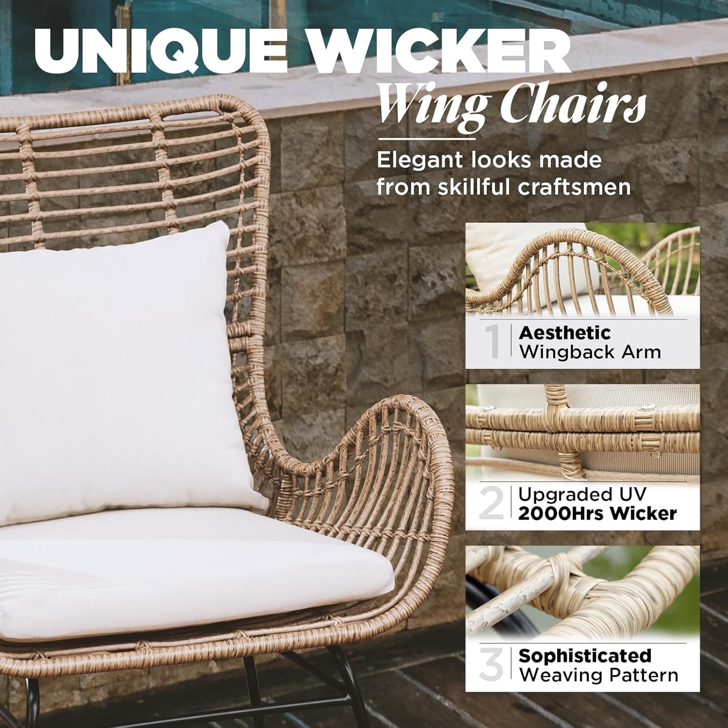 IDZO Isabelle Wicker Chairs Set of 2, 2000 Hours UV Wicker Rattan Chair, 500lbs Capacity Boho Patio Chairs with Thick Olefin Cushions and Pillows for, Indoor Use