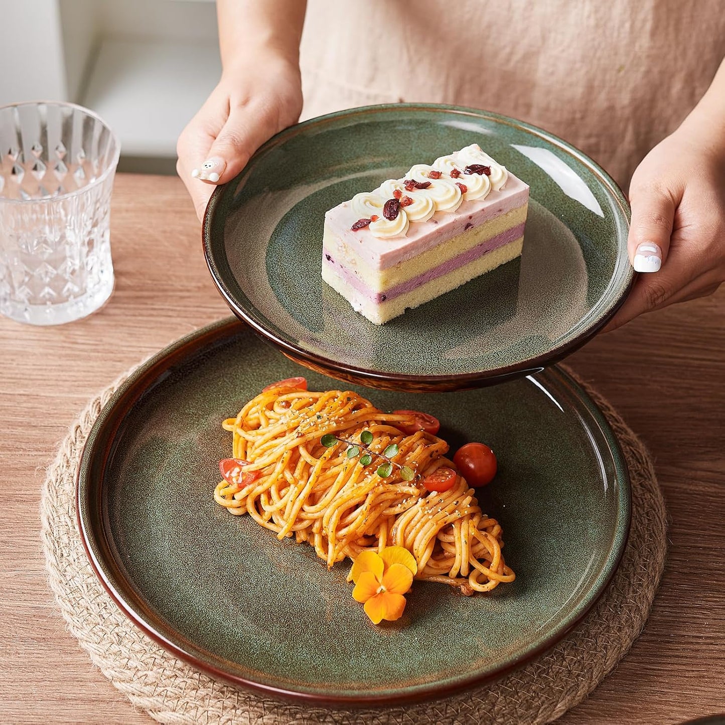 Stoneware Dinnerware Sets Service for 4, 12 pcs Reactive Glaze Plates and Bowls Sets, Handmade Ceramic Dish Set, Highly Chip and Crack Resistant Modern Plate Set, Brown Green