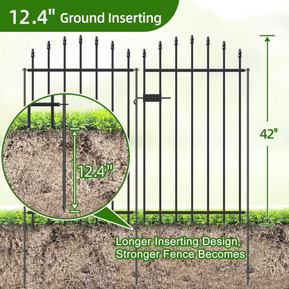 Metal Garden Fence with Gate 42 in H x 12 ft L, 1 Gate + 5 Panels Border Dog Fence Panels Animal Barrier, No Dig Garden Fencing for Yard Patio Flower Bed Lawn Outdoor, Arch Black