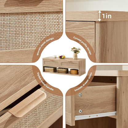 LEYAOYAO 48" Farmhouse Boho Rattan Coffee Table with 2 Woven Drawers,Rectangular Coffee Tables with Hidden Storage Compartment,Curved Profile Design,Wooden Center Table for Living Room,Natual Wood