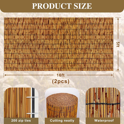 Reed Fencing Rolls,Patio Privacy Screen,Decorative Bamboo Fence Rolls for Patio Balcony Garden Backyard Outdoor,5x16FT(2Pcs)