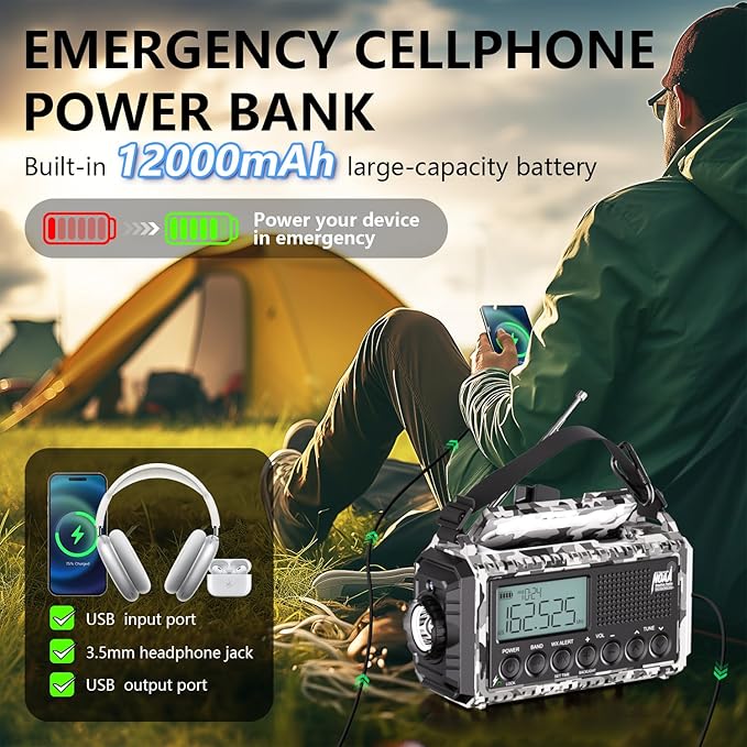 Emergency Radio 12000mAh AUTO NOAA Weather Radio, Solar Hand Crank Portable AM/FM Shortwave Radio with Rechargeable Battery Powered, Flashlight, Reading Lamp, SOS Alarm for Indoor Outdoor Emergencies