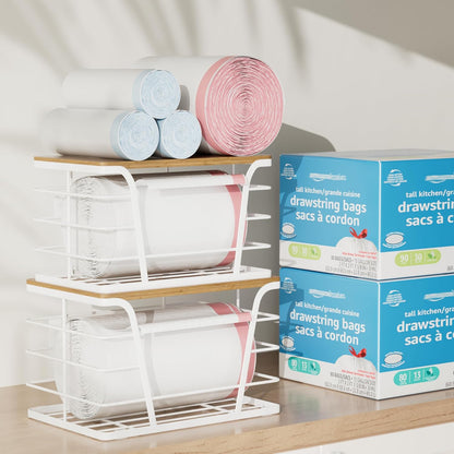 Extra Large 2 Pack Stackable Pantry Organizers - Laundry Room Organization & Decor, Kitchen Decor, Wall Mount Trash Bag Holder with Bamboo Top, White