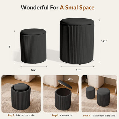 Ottoman with Storage Set of 2, Velvet Storage Ottoman, Upholstered Sponge Vanity Stool Support 300lbs, Multifunctional Coffee Table Foot Rest Ottomans for Living Room Bedroom, White