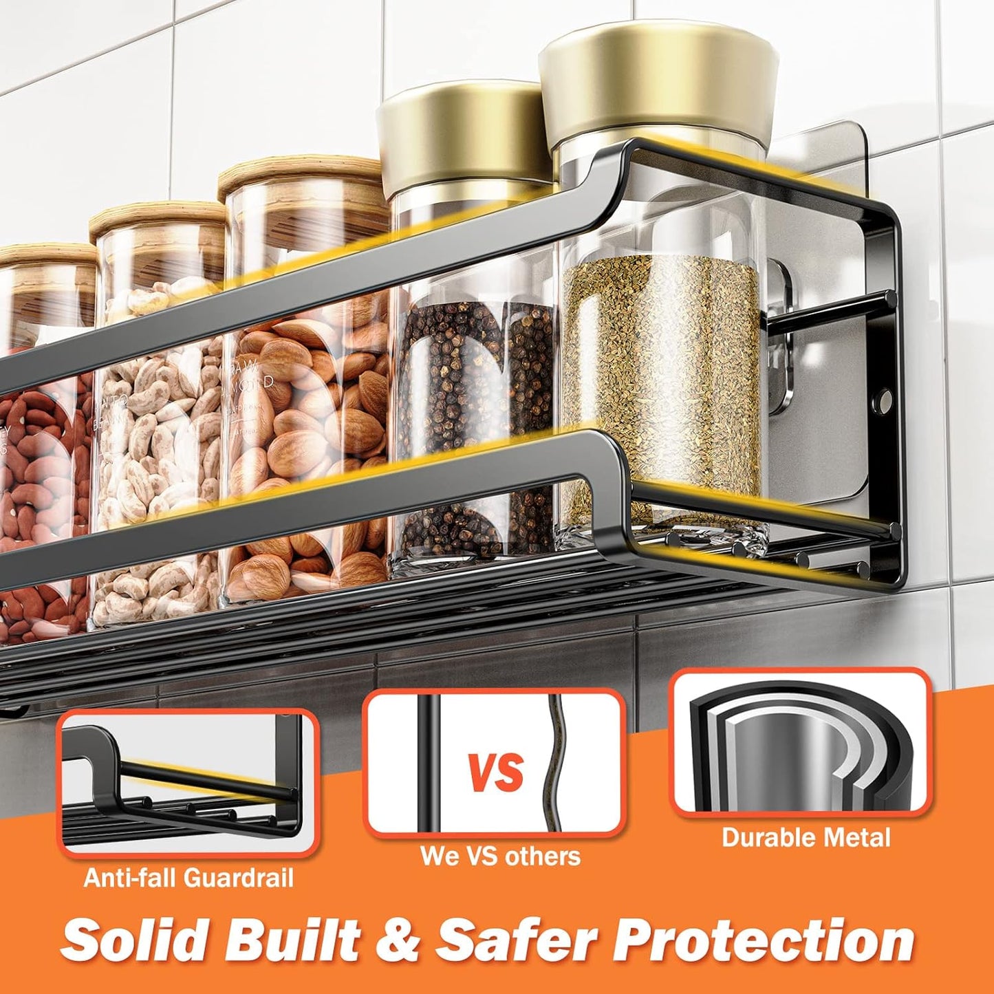 Spice Rack wall mounted 2 Pack, Space-Saving Spice Organizer for Spice Jars and Seasonings,Screw or Adhesive Hanging Spice Rack Organizer for Your Kitchen Cabinet,or Pantry Door