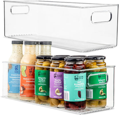 Plastic Food Storage 2 Pack Clear Container Bin with Handles for Organizing Kitchen, Pantry, Fridge, Freezer, Pantry, Bathroom. 14"x6"5"