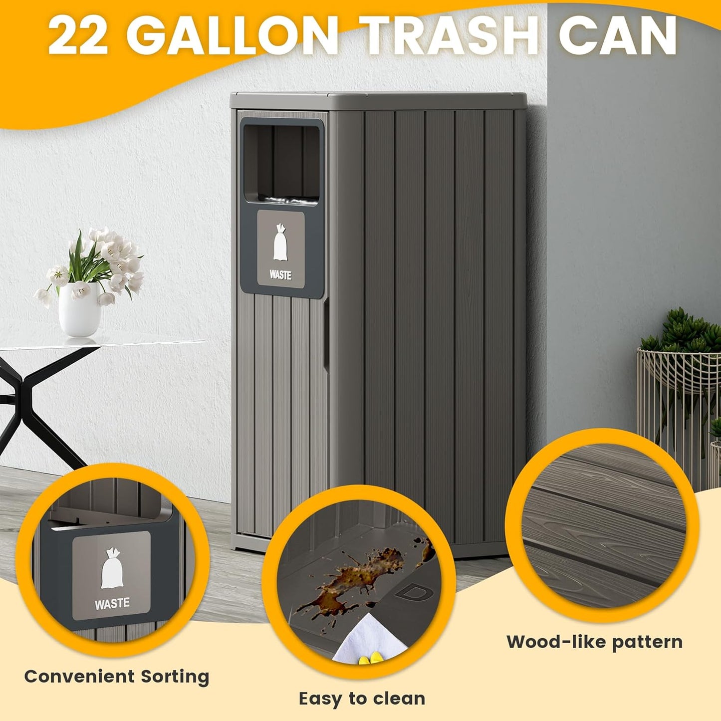 Outdoor Trash Can, Waterproof Resin Garbage Can Indoor and Outdoor Use, Durable & Weather-Resistant Commercial Garbage Can, Outside Trash Bin for Patio, Kitchen