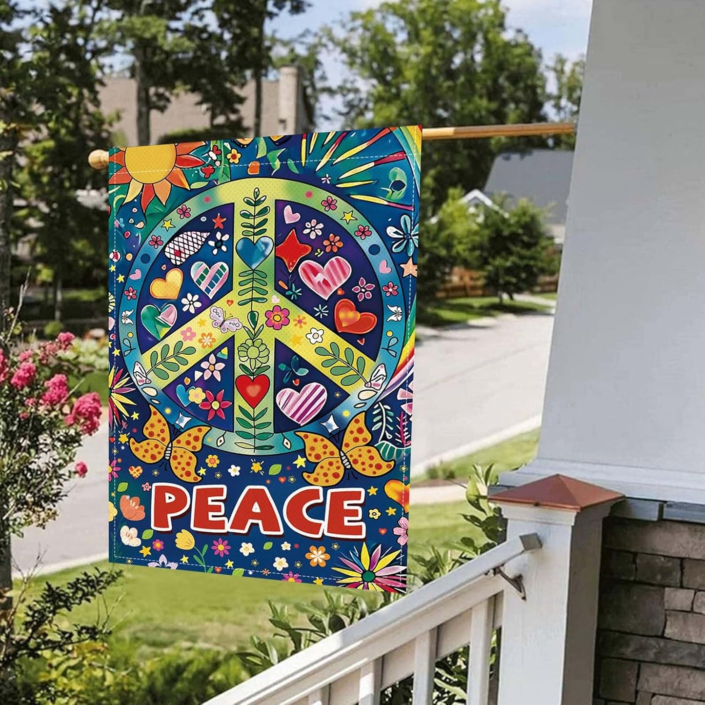 Peace Garden Flag Butterfly Flowers Art Garden Yard Flags Double Sided Colorful Farmhouse Holiday Decorative Yard Flag, Porch Outdoor Decoration Sign Banner (28X40INCH)