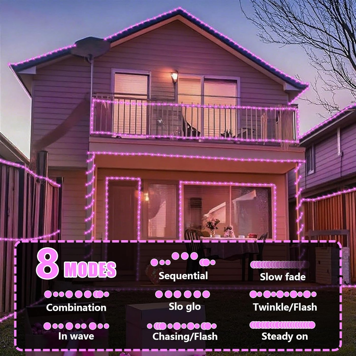 YEGUO Pink Solar Rope Lights Outdoor Waterproof, 2 Packs Each 33ft 100 LED String Lights for Outside, 8 Modes Fairy Lights in Clear Thin Tube for Valentine Party Garden Tree