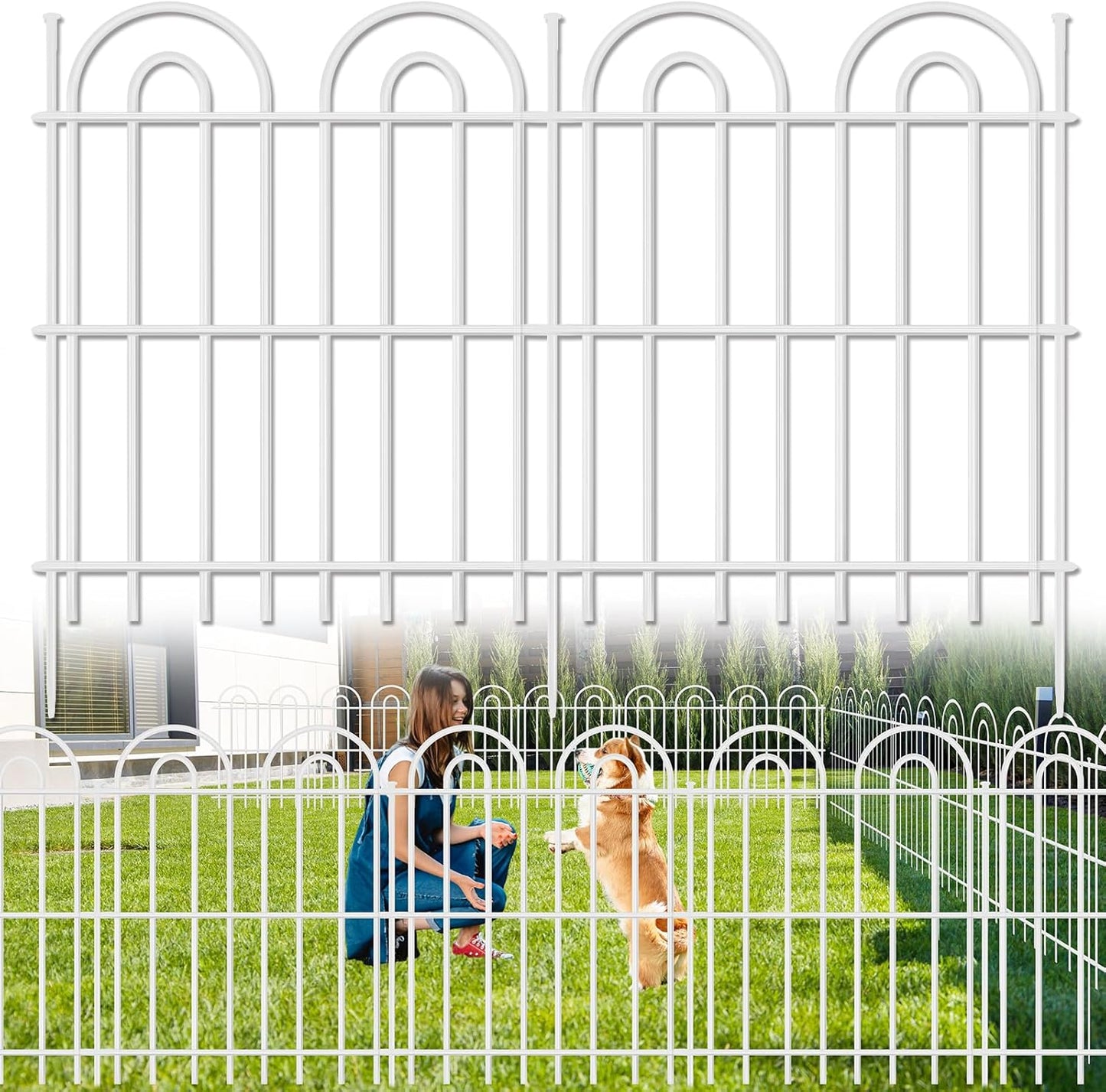 15 Panels Decorative Garden Fence, 32 in(H) X 30 ft(L) No Dig Dog Fence Outdoor for Yard, Rustproof Tall Metal Garden Fencing Animal Barrier with Ground Stakes, Temporary Fencing for Patio, White