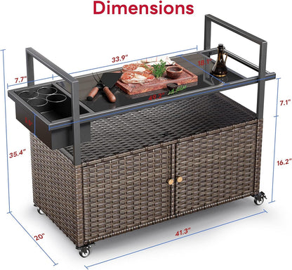 Outdoor Bar Cart with Storage Cabinet, Outdoor Grill Cart with Wheels, Rattan Bar Cart with Tempered Glass Tabletop, Outdoor Buffet Cabinet Table Cart for Mini Bar, BBQ, Food Serving, Brown Wicker