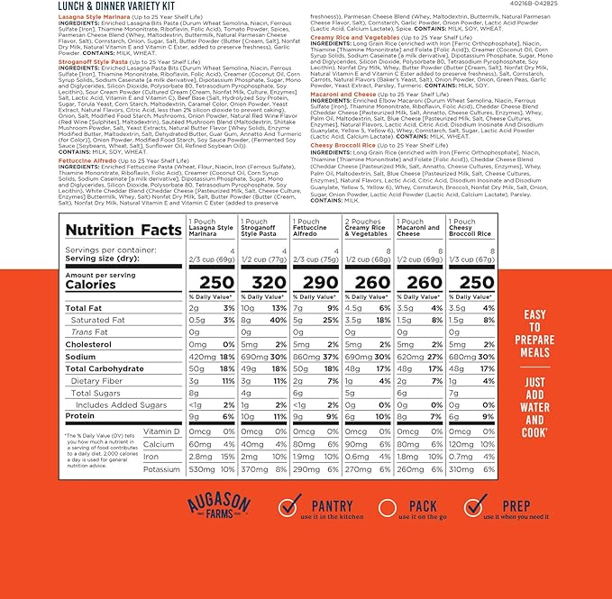 Lunch & Dinner Variety Kit Emergency Food Supply, 113 Servings, 25 Year Shelf Life - Dehydrated Meals, Survival Food Camping Essentials, 4 Gallon Bucket