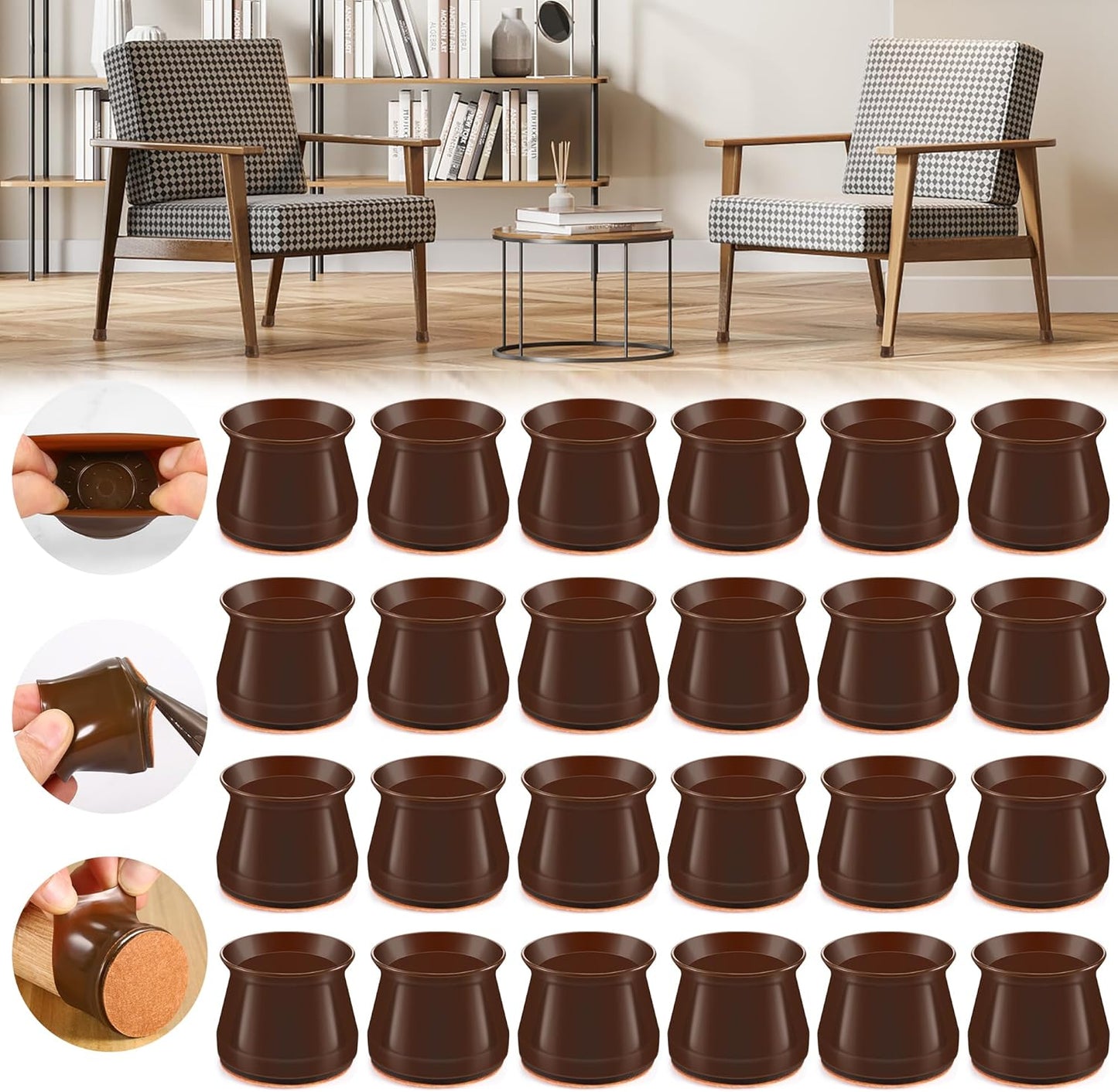 24PCS Upgraded Silicone Chair Leg Floor Protectors for Hardwood Floors, Furniture Sliders for Chair Legs, Felt Bottom Furniture Pads, Anti-Slip Round&Square Cap Covers to Scratch and Reduce Noise