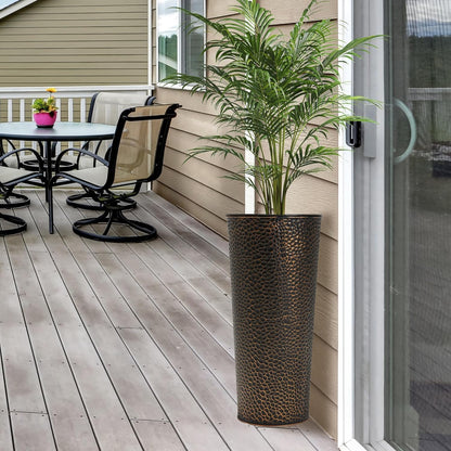 Worth Garden 2-Pack 28" H. Metal Planters with 2X Inside Pots - Hand-Hammered Texture Tall Narrow Cone Plant Pots - Large Handcrafted Bronze Flower Pot for Indoor Outdoor, Deck, Patio, Front Porch