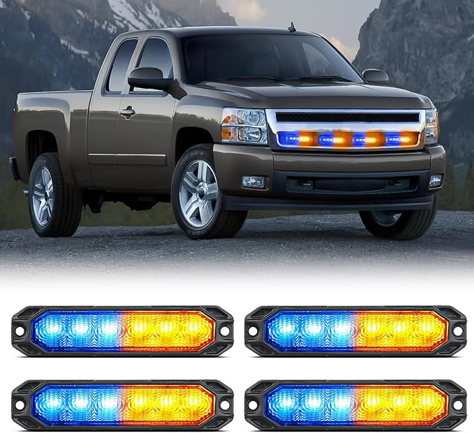 Nilight 6LED Emergency Strobe Lights 4PCS Ultra slim Surface Mount Hazard Caution Light bar 12-24V Sync Feature Warning Flashing kit for Truck Car Vehicle ATV SUV UTV Yellow and Blue