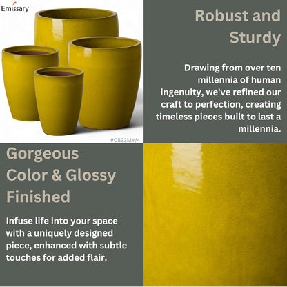 Emissary Bullet 14 in. Mustard Yellow Ceramic Round Planter (14 in. L x 14 in. W x 15.5 in. H) with Drainage Hole
