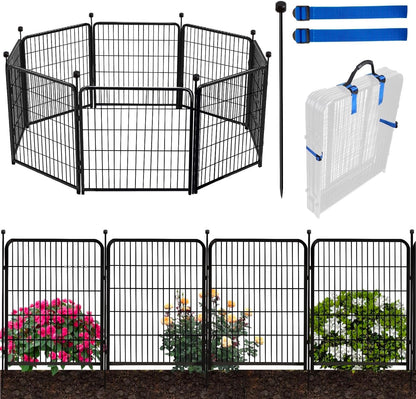 ADAVIN 48 in(H) Garden Fence without Gate, 8 Panels Total 17.7 Ft(L), Dog Fence Outdoor For Yard, Fencing for garden beds, Dog Digging Fences Barrier, Black Iron Metal Heavy Flowers Fences and Borders