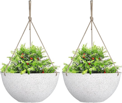 LA JOLIE MUSE Large Hanging Planters for Outdoor Plants - 13 Inch Hanging Flower Pots Set of 2, Speckled White
