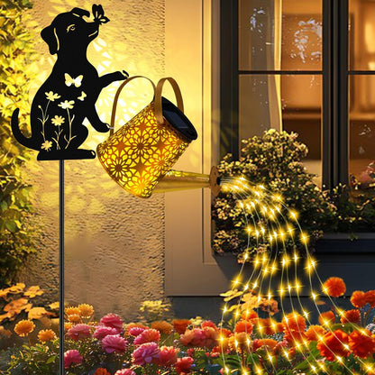 Solar Lights Outdoor Decorative, Watering Can with Cascading Lights, with Dog Silhouette Garden Stakes, Waterproof Metal Garden Decor for Yard Art, Outside, Patio, Lawn Ornaments(1 Pack)