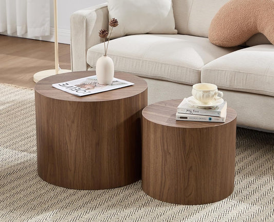 EALSON Nesting Coffee Tables Set of 2 Farmhouse Small Round End Tables Modern Wood Circle Side Table Drum Table for Living Room Small Spaces Bedroom Balcony, No Assembly, Walnut