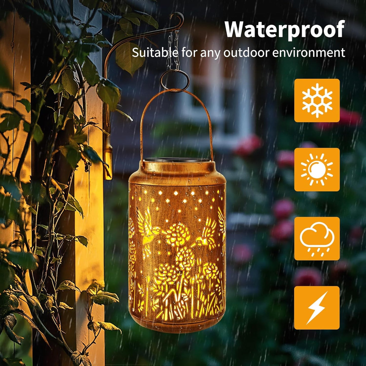 Brizled Hummingbird Solar Lantern Lights, 2 Pack LED Hollow Out Hanging Lantern Lights Outdoor, Warm White Solar Garden Light Decorative Retro Metal Outdoor Lighting for Garden Patio Courtyard Path