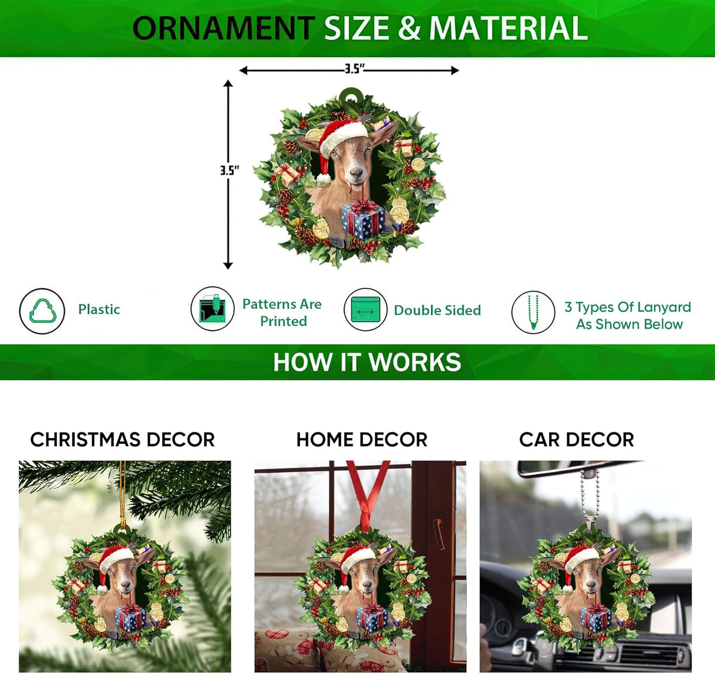 Talataca Goat Wearing A Christmas Hat Wreath Farm Lover 2D Flat Car Rear View Mirror Accessories Christmas Tree Ornament Decoration Hanging Charm Interior Rearview Pendant Decor Gift