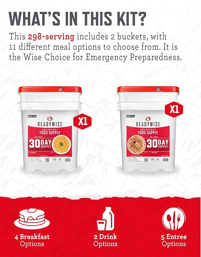 ReadyWise 30 Day Emergency Food Supply - 296 Servings, 2 Buckets, Freeze Dried Protein Meals, Survival Food Storage, Ready to Eat, up to 25 Year Shelf Life