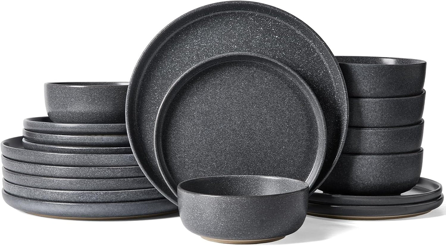 Famiware Milkyway Plates and Bowls Sets, 18 Pieces Dinnerware Sets, Reactive Glaze Dish Set, Stoneware Dishes Set for 6, Matte Dark Charcoal