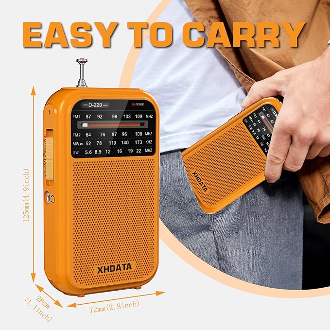 XHDATA D220 Portable Radio AM FM SW Shortwave Receiver Pocket Radios, 2AA Battery Operated Transistor Radio with Excellent Reception for Gift, Family, Elder (Orange)