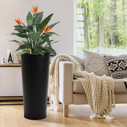 KOL 28" H. Tall Metal Cone Planters with Inside Pots 2-Pack, Black Hand-Hammered Large Decor Planter for Deck, Patio, Porch - Handcrafted Flower Pot - with Water Level Indicator - Indoor Outdoor Use