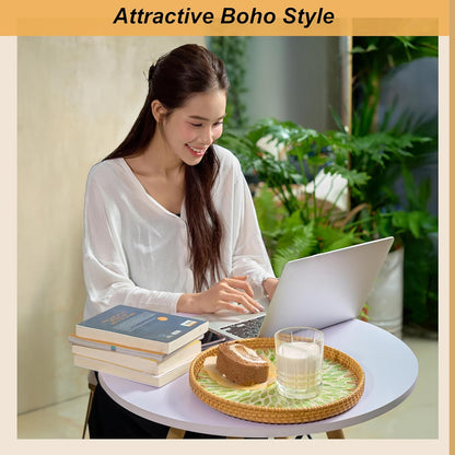 Round 12" Rattan Serving Tray with Mother of Pearl Inlay, Decorative Wicker Tray with Wooden Base for Coffee Table, Bread, Fruit, Food Display and Storage (Leaf)