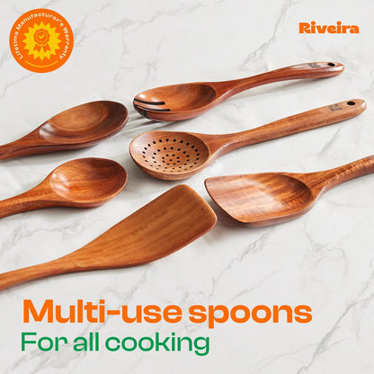Riveira's 6-Piece Dark Brown Wooden Spoons for Cooking - Elegant Kitchen Essentials/Kitchen Utensils Set for Every Culinary Need Spatula