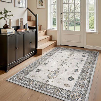 AMOAMI-Vintage Area Rug 4x6 Grey Rugs for Living Room-Soft Living Room Rug Non Slip Rugs for Bedroom Carpet Machine Washable Rug for Dining Room Bedside Office Room Decor