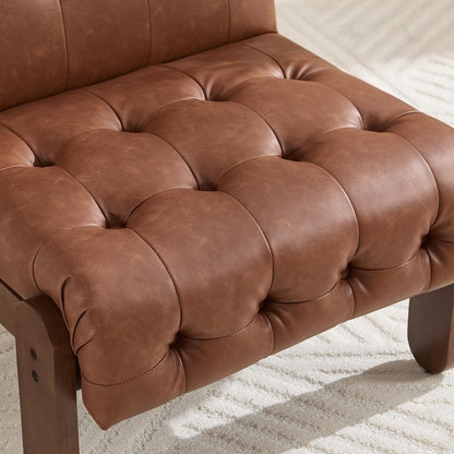 Modern Armless Accent Chair for Living Room, Brown PU Leather Button Tufted Upholstered Lounge Reading Chair with Walnut Wood Frame